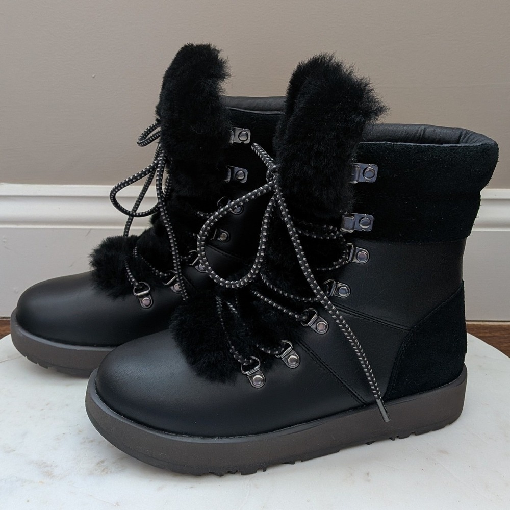 UGG Viki Black Leather Sheepskin Waterproof Winter Boots, US 6/ UK 4.5 NWOB